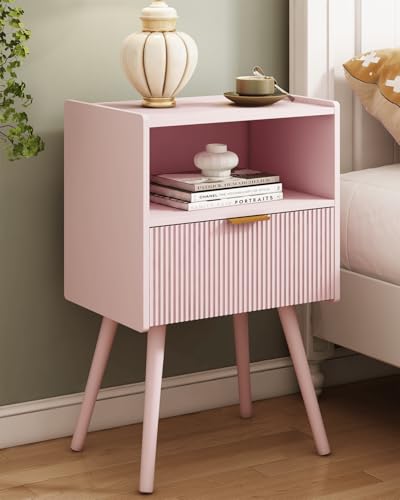 Nightstand,Modern Bedside Table with Storage Drawer and Open Wood Shelf, for Living Room, Bedroom and Small Spaces, Accent Night Stand with Solid Wood Legs, Easy Assembly,Classic Pink - color: Pink