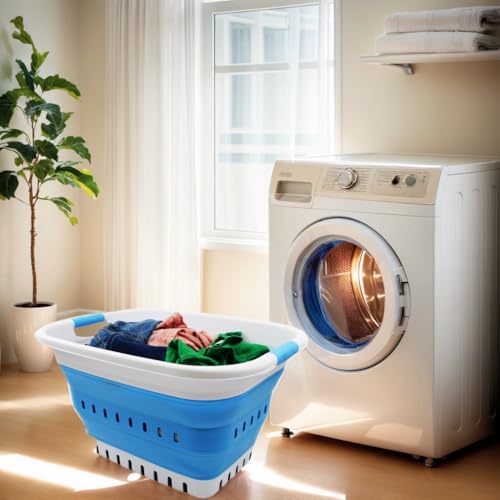 SAMMART 37L (9.77 gallon) Collapsible Plastic Laundry Basket - Foldable Pop Up Storage Container/Organizer - Space Saving Hamper/Basket (1, White/Marine Blue) - color: White/Marine Blue