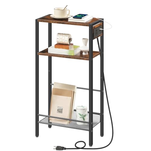 HOOBRO 15.7" Narrow Console Table with Charging Station, 3 Tier Entryway Table for Small Space, Behind Couch Table, Sofa Table, for Entryway, Hallway, Living Room, Rustic Brown and Black BF42UXG01 - color: Rustic Brown + Black