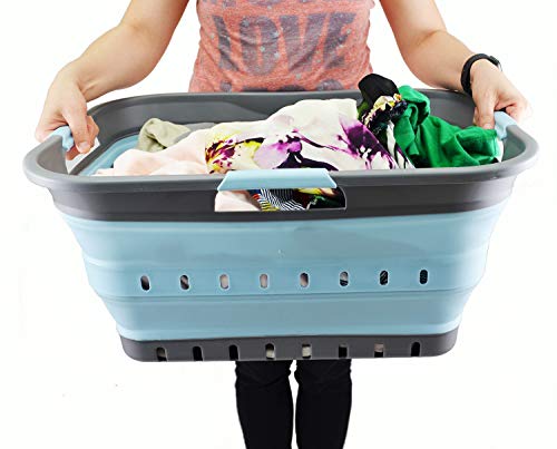 SAMMART 42L (11 gallon) Collapsible Plastic Laundry Basket - Foldable Pop Up Storage Container/Organizer - Portable Basket - Space Saving Hamper/Basket (2, Grey/Sea Angel) - color: Grey/Sea Angel