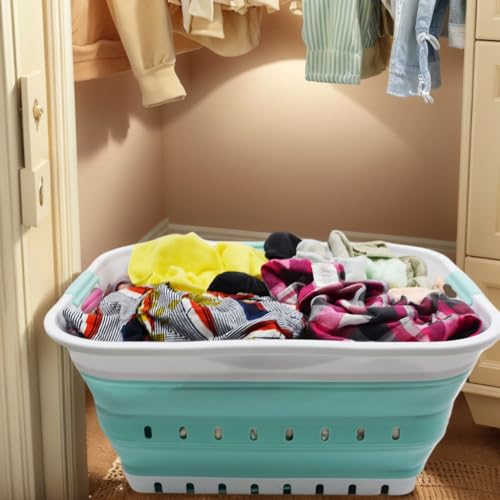 SAMMART 42L (11 gallon) Collapsible Plastic Laundry Basket - Foldable Pop Up Storage Container/Organizer - Portable Basket - Space Saving Hamper/Basket (2, White/Lake Green) - color: White/Lake Green