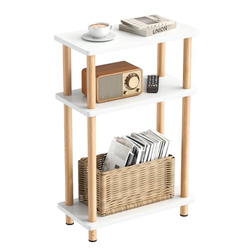 Apicizon Small Narrow Side Table, 3-Tier End Table, White Natural | Sofa Side Table, Slim End Table, Wood Storage Shelf, Slim Nightstand Bedside Table for Narrow Spaces, Living Room, Bedroom - color: White and Natural, style: Narrow Side Table