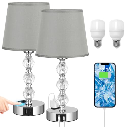 Crystal Table Lamp Set of 2 for Bedroom/Living Room, 14.6in (Gray) | 3 Way Dimmable Touch Control, Bedside Nightstand Light, USB C & A Ports, Metal Base, FREE Bulbs Included, Modern Design