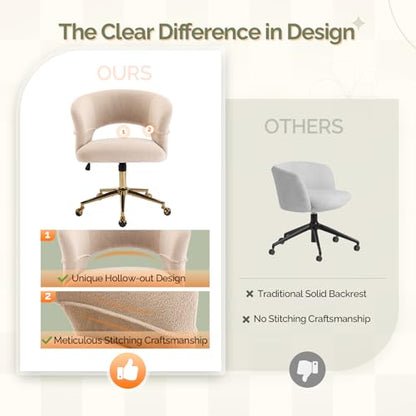 VINGLI Modern Curved Office & Vanity Desk Chair, Cute Upholstered Nail Chair with Wheels & 360° Swivel & Club & Tilting & Gold Base, for Bedroom, Living Room, Makeup, Velvet Chenille, Khaki - color: Khaki