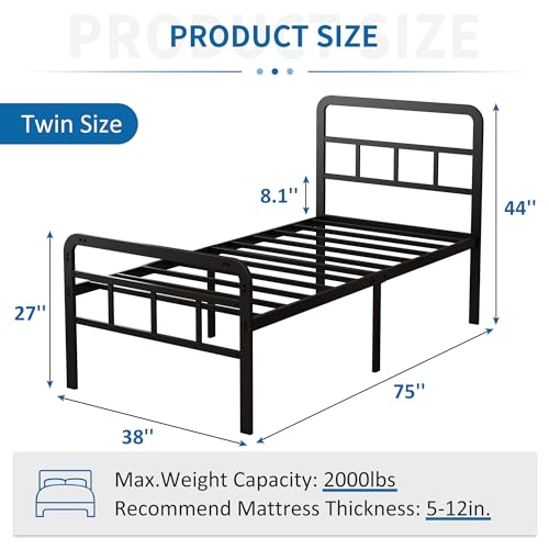 18 Inch Metal Twin Bed Frame with Headboard and Footboard | Heavy Duty Extra Bed with Storage Space, Steel Slat, No Noise, No Box Spring Needed, Easy Assembly - color: Black Metal Headboard, size: Twin
