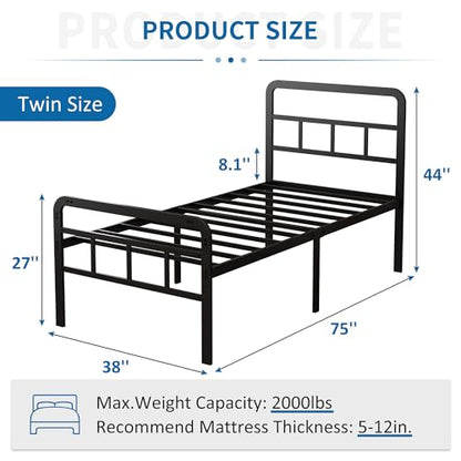 18 Inch Metal Twin Bed Frame with Headboard and Footboard | Heavy Duty Extra Bed with Storage Space, Steel Slat, No Noise, No Box Spring Needed, Easy Assembly - color: Black Metal Headboard, size: Twin