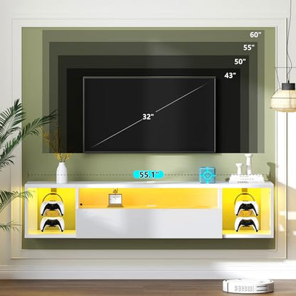 DlandHome 55.1" W Floating TV Stand with LED, Wooden Entertainment Center | Wall Mounted TV Shelf for 50/55/60/65" TV, Media Console with Storage Shelves, Floating Entertainment Center, White - size: 55.1'' White