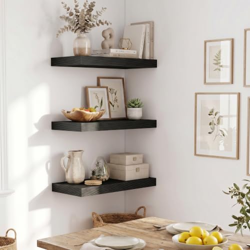 Fun Memories Wood Floating Shelves 20 Inch, 10 Inch Deep Shelves Wall Mount, Wall Shelves with Invisible Bracket, 20" Floating Shelves for Living Room Bathroom Bedroom, Black, Set of 3 - color: Classic Black, size: 20W x 10D x 1.5H
