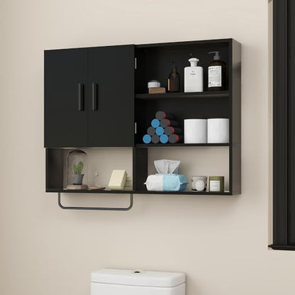 Bathroom Wall Cabinet with Towel Bar & 2 Doors, Black - color: Black