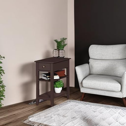 ChooChoo Side Table Living Room with Charging Station and Drawer | Narrow End Table, 3-Tier Sofa End Table, Small Space, Espresso - color: Espresso