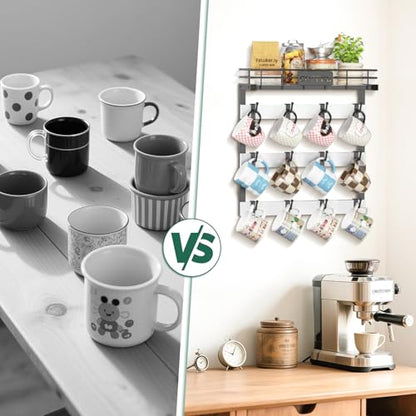 EsLuker.ly Coffee Mug Holder Cup Hanger Wall Mounted Display Rack | Metal Organizer with 12 Movable Plastic Hooks, Wood Rustic Shelf for Coffee Bar Home Kitchen, Thoughtful Wall Storage, White - style: 12 Movable Hooks White Style