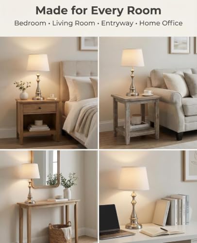 Touch Table Lamps Set of 2, 20.47" Rustic Bedside Lamps for Night Stand | Silver Brushed Nickel Metal, White Linen Shade, Farmhouse Nightstand Light for Bedroom, Living Room End Table, Entryway