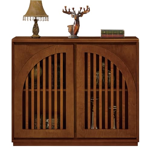 Narrow Sideboard Buffet,Entryway Storage Cabinet with Arched Doors | Mid Century Modern;Slim Cabinet for Small Spaces;With Arched Doors & Anti-Tipping Device;TV Media Console for Living Room - color: C- Walnut, size: 1 Piece