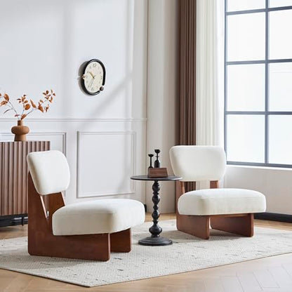 Christopher Knight Home Mores Low Profile Accent Chair Set of 2, Modern Living Room Armless Lounge Chair, Fabric Comfy Reading Chair for Bedroom, Wooden Frame and Thick Padded Seat, Walnut+White - color: Walnut+white