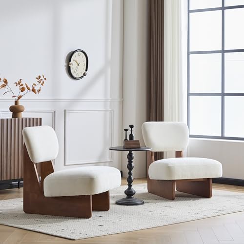 Christopher Knight Home Mores Low Profile Accent Chair Set of 2, Modern Living Room Armless Lounge Chair, Fabric Comfy Reading Chair for Bedroom, Wooden Frame and Thick Padded Seat, Walnut+White - color: Walnut+white