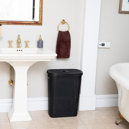 Mind Reader Slim Laundry Hamper with Lid, 40L Clothes Basket, Narrow Tapered Design with Ventilated Cutout Pattern, Plastic, Black - color: Black, size: Single