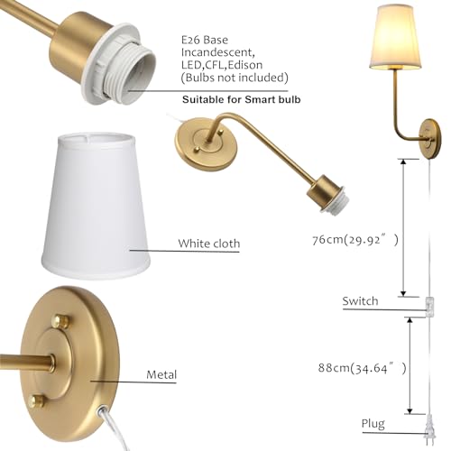 Set of 2 Plug in Wall Sconces, Rustic Wall Lighting Fixtures with On/Off Switch and Pure White Fabric Lampshade, Antique Brass Wall Lamps for Living Room Bedroom - size: 2-pack