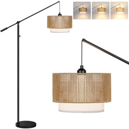 【Upgraded】Boho Dimmable Floor Lamps with Adjustable Swing Arm, 1100 Lumens Bulb Included, Modern Standing Lamp with Rattan & Fabric Shades, Farmhouse Tall Arc Floor Lamp for Living Room Bedroom, Black - color: Bohemian-Matte Black