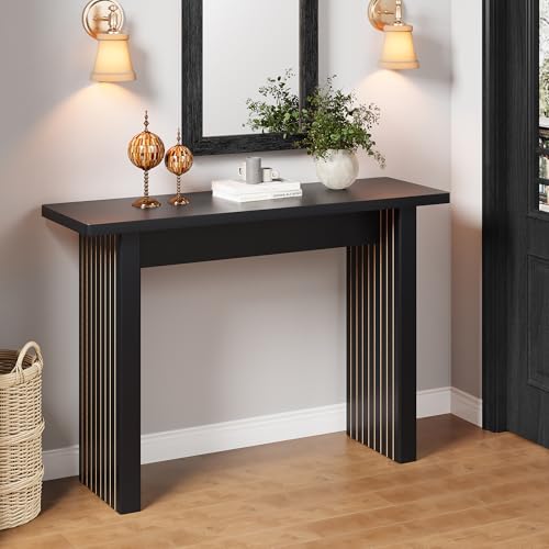 Mid Century Narrow Entryway Console Table, 43.3" Fluted Wood Couch Table Behind Sofa Long and Skinny for Living Room Hallway Entrance Foyer, Black - color: Black