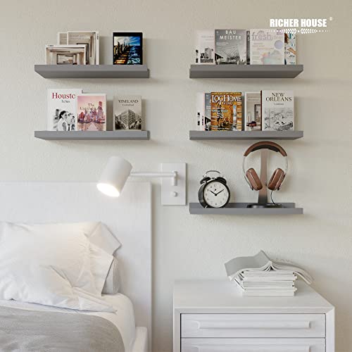 RICHER HOUSE 5-Set Floating Shelves with Lip, Grey Wall Mounted Wood Shelf | Display Picture Ledge Shelf, Anti-drop lip Shelf for Room Wall Decor, Bedroom Bathroom Storage Nursery Books, Easy Setup 16in - color: Grey
