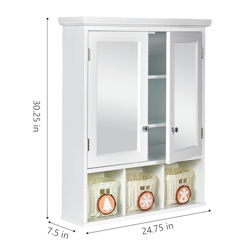 Medicine Cabinet, Bathroom Organiser, Wall Mounted Bathroom Cabinet with Mirror with 2 Adjustable Shelves and 3 Storage Baskets for Laundry Room, Kitchen