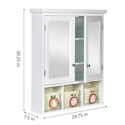 Medicine Cabinet, Bathroom Organiser, Wall Mounted Bathroom Cabinet with Mirror with 2 Adjustable Shelves and 3 Storage Baskets for Laundry Room, Kitchen