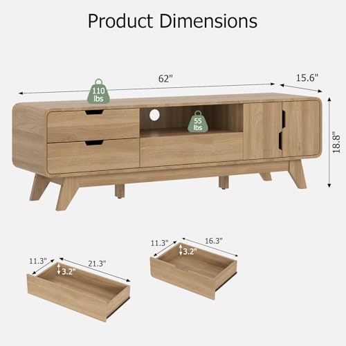 EAG Mid Century Modern TV Stand for 65 Inch TV, Entertainment Center with Storage Cabinet & 3 Drawers, Media and TV Console for Living Room, Bedroom, Natural - color: Natural Oak, size: 62"