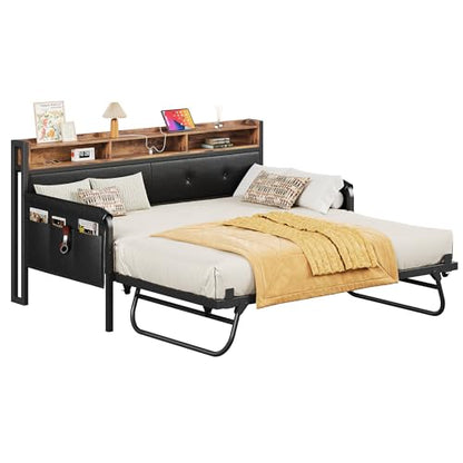 LIKIMIO Daybed with Trundle, Twin Bed Frame, Dark Black | with Upholstered Headboard and Charging Station, Sofa Day Bed with Strong Supports for Living Room, Bedroom and Guest Room - color: Dark Black