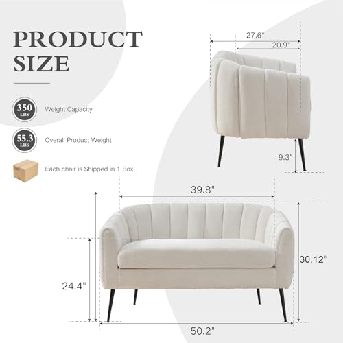 Chifee & Vingol 50.2" White Loveseat 2-Seater Sofa Wide Upholstered Small Couch for Bedroom Modern Couch with Metal Legs for Small Spaces,Ivory - color: S3055-ivory