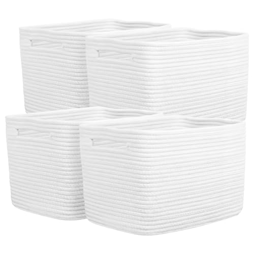 Storage Baskets for Organizing, 14 x 10 x 9” Closet Shelf Woven Baskets, Square Bins with Handles, Cotton Rope Basket for Clothes, Office, Room, White 4 Pack - color: White, size: 4pcs