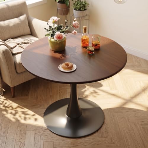 Small Round Dining Table 32" Tulip Table for Living Room, Walnut | Tulip Table with Metal Pedestal & Thick MDF Top, Mid Century Small Bistro Table for Kitchen & Living Room - color: Walnut-b, size: 31.5"D x 31.5"W x 29.1"H