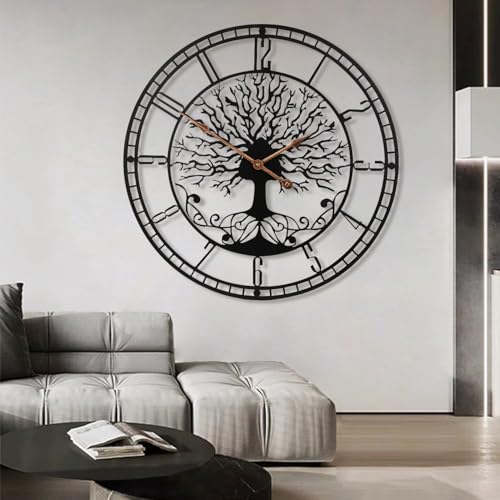 Dankeit Tree of Life Wall Clock, 24inch Black Metal Wall Clock, Silent Quartz Movement, Modern Home Decor - color: D