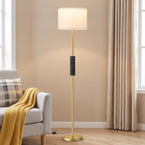 Dimmable Floor Lamp for Living Room with Remote, 9W 900LM LED Bulb Included, Beige Shade Gold Pole - color: gold & beige