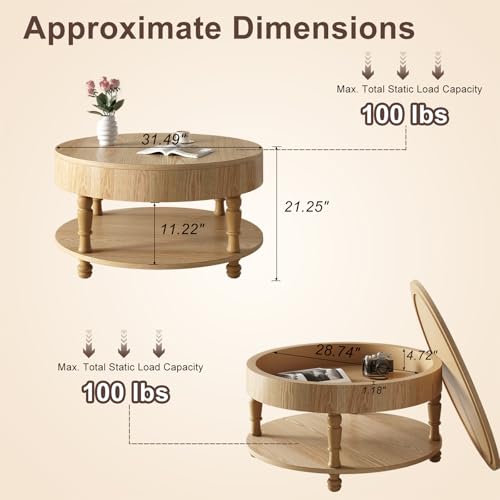 Round Flip Top Solid Wood Coffee Table with Space-Saving Hidden Storage | 31.5"Mid Century Modern End Table Bedroom, Adjustable Silent Footpads,Sturdy Holds up to 100 lbs,Classic 2-Tier Design - color: Nature Wood
