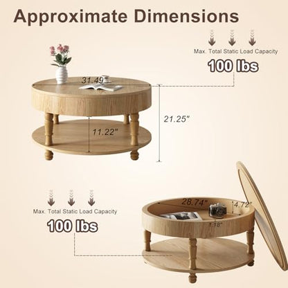 Round Flip Top Solid Wood Coffee Table with Space-Saving Hidden Storage | 31.5"Mid Century Modern End Table Bedroom, Adjustable Silent Footpads,Sturdy Holds up to 100 lbs,Classic 2-Tier Design - color: Nature Wood