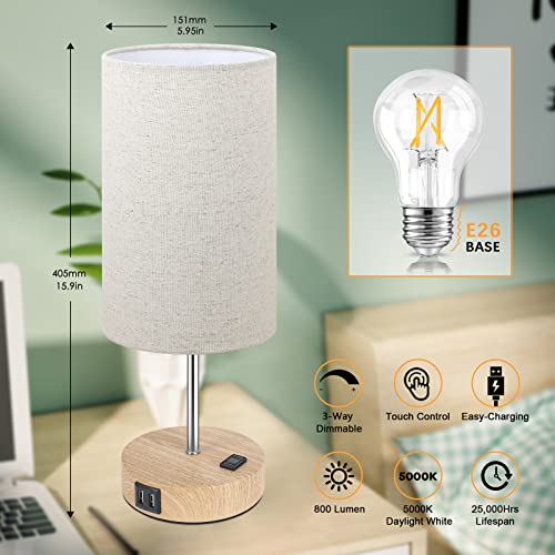 Bedside Table Lamps with 2 USB Charging Ports & AC Outlet, Set of 2 Touch Control Wooden Base Nightstand 3-Way Dimmable Lamps with Beige Fabric Shade for Bedroom, Living Room, A19 E26 Bulbs included - color: Cream
