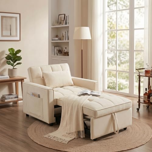 Sleeper Chair with Pull Out Bed, 3 In1 Convertible Chair Bed, White | Adjustable Backrest with Multiple Reclining Positions, Soft Cushioning, Handy Side Pocket, Perfect for Everyday Lounging - color: W-white-m1