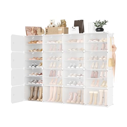 Portable Shoe Rack Organizer with Door, 64 Pairs Shoe Storage Cabinet Easy Assembly, Plastic Adjustable Shoe Storage Organizer Stackable Detachable Free Standing DIY Expandable 8 Tier White - color: White, size: 64" Wide-64 Pairs