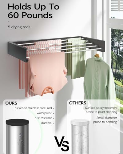 Vikaqi Wall Mounted Clothes Drying Rack 32", Foldable Wall Mount Laundry Rack Folding Indoor, Drying Rack Clothing Collapsible, Hidden Space Saver with Wall Template, 5 Rods, Black - color: Black, size: 32" Wide