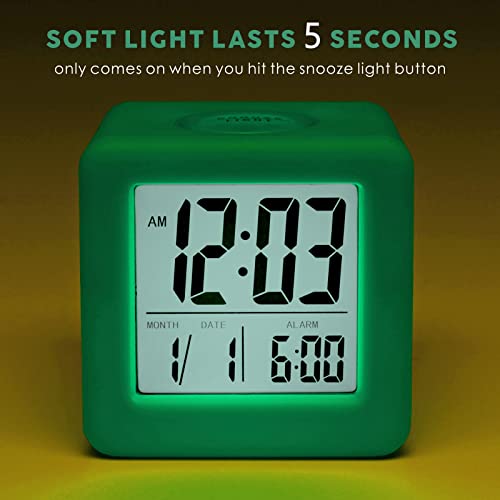 Plumeet Digital Alarm Clock Kids Clock with Snooze and White Nightlight - Easy Setting Travel Alarm Clocks Display Time, Date, Alarm - Ascending Sound - Battery Powered (Cyan) - color: Cyan