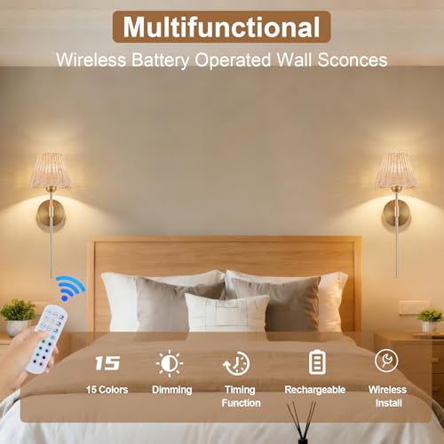 Battery Operated Wall Sconces Set of 2, Rattan Shade Wireless Wall Sconces, RGB Rechargeable Dimmable, Gold Boho Wall Sconce for Bedroom, Living Room, Hallway Bulbs Included - color: Gold 19.6in