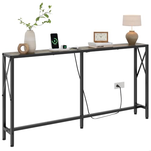 Gewudraw Narrow Console Table with Socket, Sofa Table Behind Couch | 55.1" Couch Table, Industrial Style, Long Skinny Design,For Hallway,Living Room,Bedroom, Built-In Outlets & USB,140cm Length - color: Light Grapefruit, size: 55.1 in