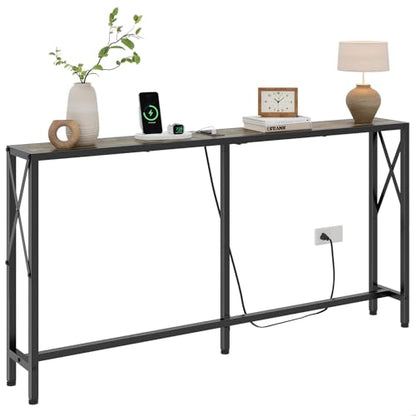 Gewudraw Narrow Console Table with Socket, Sofa Table Behind Couch | 55.1" Couch Table, Industrial Style, Long Skinny Design,For Hallway,Living Room,Bedroom, Built-In Outlets & USB,140cm Length - color: Light Grapefruit, size: 55.1 in
