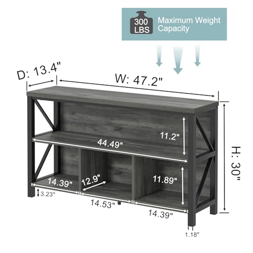 EXCEFUR Modern Horizontal Bookshelf, Industrial Metal & Wood Bookcase for Display, Wide 4 Cube Storage Organizer for Home Office Living Room, Low Book Shelf, 47 Inch, Grey - color: Grey