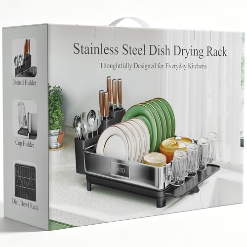 SNTD 304 Stainless Steel Dish Drying Rack for Small Kitchen Counter, Black | Rustproof, Large Capacity, Heavy-Duty Frame, Rotating Spout, Angled Drainboard, Removable Cup & Utensil Holder - color: Black