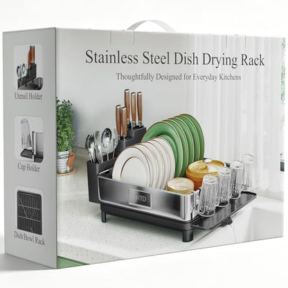 SNTD 304 Stainless Steel Dish Drying Rack for Small Kitchen Counter, Black | Rustproof, Large Capacity, Heavy-Duty Frame, Rotating Spout, Angled Drainboard, Removable Cup & Utensil Holder - color: Black