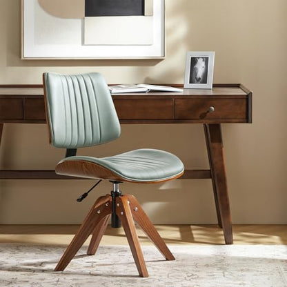 HULALA HOME Faux Leather Home Office Desk Chair No Wheels, Sage | Mid-Century Modern Desk Chair with Wood Legs, 360° Swivel Computer Task Chair with Channel-Tufted Backrest, Height Adjustable - color: Sage