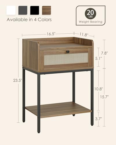 Masupu Rattan Nightstand,3-Tier Modern Bedside Night Stand with Storage Drawer and Shelf,Small End Side Table for Bedroom,Living Room,Walnut Brown (Without Outlet, Brown) - color: Walnut