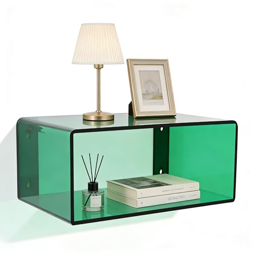 Acrylic Floating Nightstand, Green Wall Mounted Bedside Shelf Holds, Modern Night Stand for Bedroom, Living Room or Bathroom Decor