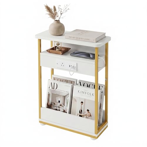 YEAKOO Narrow Side Table with Charging Station, 3-Tier End Table with 2 USB Ports & Power Outlets, Thin Sofa Side Table for Small Spaces, Bedside Table Nightstand for Living Room, White+Gold - color: White+gold